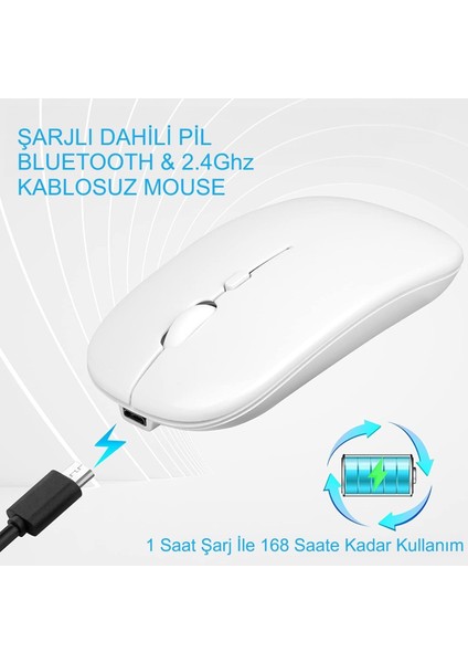 Sessiz Tıklama Şarjlı Çift Modlu Bluetooth Kablosuz 2.4ghz Beyaz Mouse