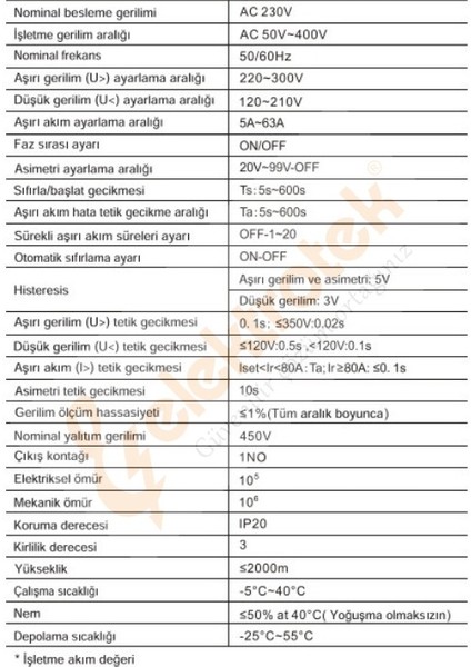 Etk-T1 Trifaze Gerilim ve Akım Koruyucu 63A Din Ray Ayarlanabilir Röle - CE Sertifikalı - 5 Yıl Garantili