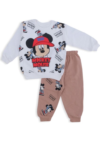 Erkek Bebek Mickey Mouse Baskılı Şapkalı Alt Üst 2'li Takım