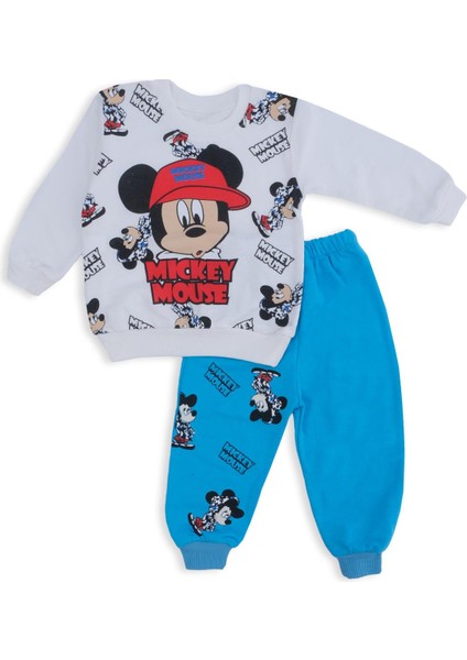 Erkek Bebek Mickey Mouse Baskılı Şapkalı Alt Üst 2'li Takım