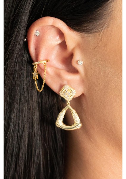 925 Ayar Gümüş Taş İşlemeli Üçgen Küpe modelleri