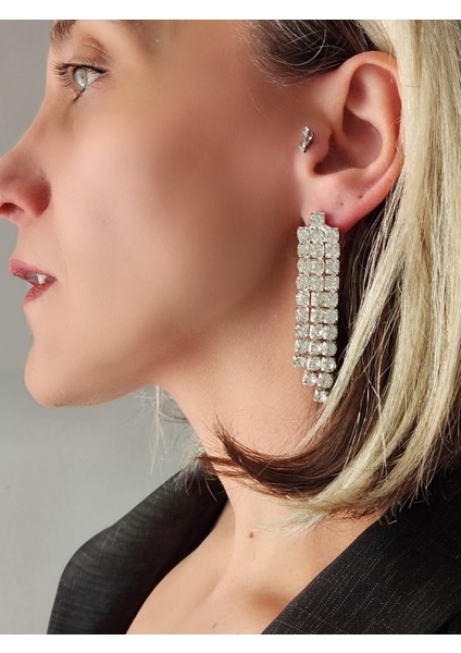 Taşlı Sallantılı Silver Renk Küpe