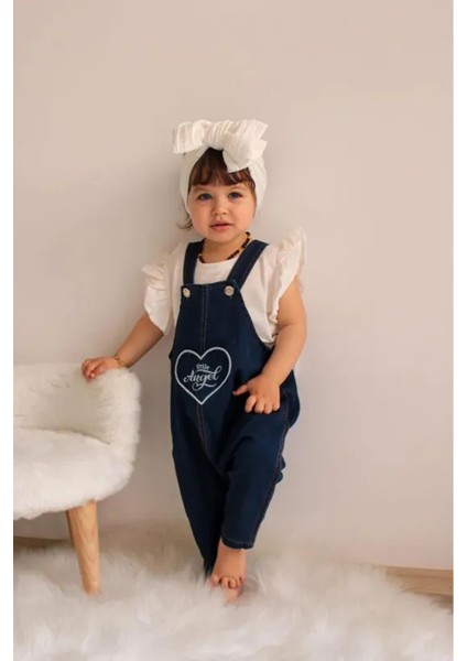 Ekru Kısa Kol Detaylı Melek Kanatlı Angel Kız Bebek Kot Salopet
