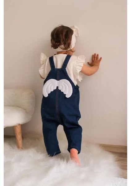 Ekru Kısa Kol Detaylı Melek Kanatlı Angel Kız Bebek Kot Salopet