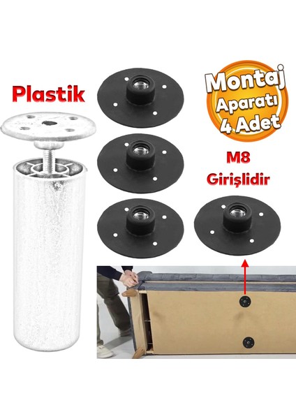 Mobilya Kanepe Baza Sehpa Montaj Ayağı Yuvarlak Plastik Bağlantı Aparatı M8 Civatalı Tabanı 4 Adet