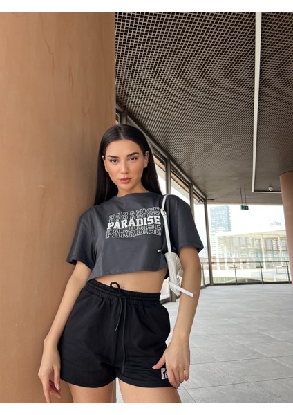 Paradise Baskılı Penye Oversize Crop T-Shirt