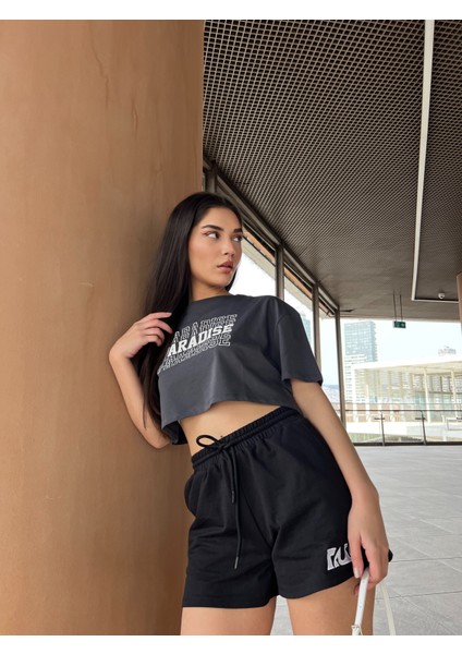 Paradise Baskılı Penye Oversize Crop T-Shirt