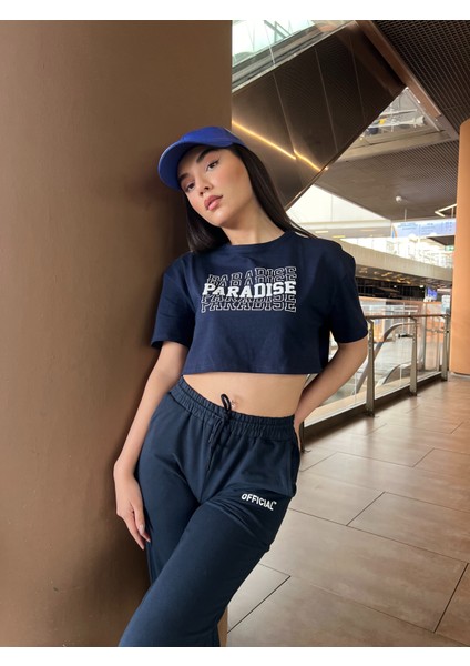 Paradise Baskılı Penye Oversize Crop T-Shirt