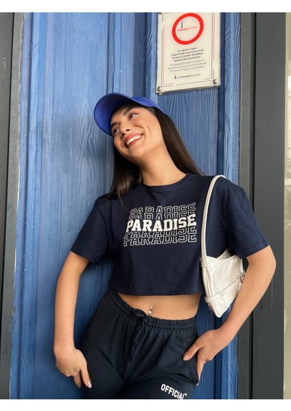 Paradise Baskılı Penye Oversize Crop T-Shirt