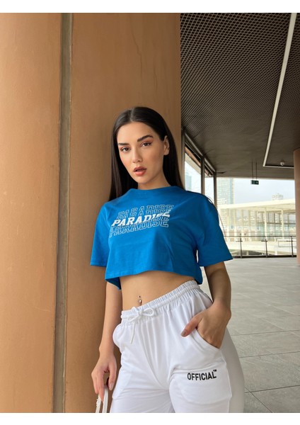 Paradise Baskılı Penye Oversize Crop T-Shirt