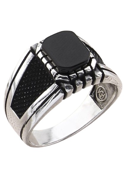 Erkek Yüzük Gümüş 925 Sade Kare Taşlı