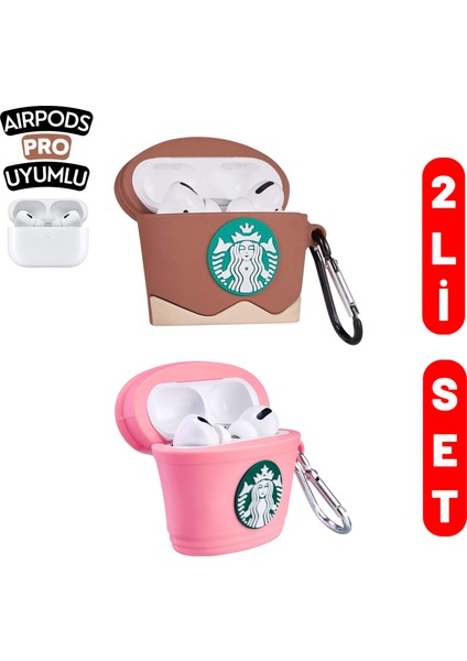 2'li Set - Pro Uyumlu Kahverengi ve Pembe Starbucks Figürlü Ikili Kulaklık Kılıfı Seti