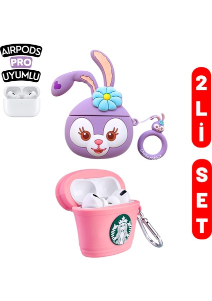 2'li Set - Pro Uyumlu StellaLou ve Pembe Starbucks Figürlü Ikili Kulaklık Kılıfı Seti