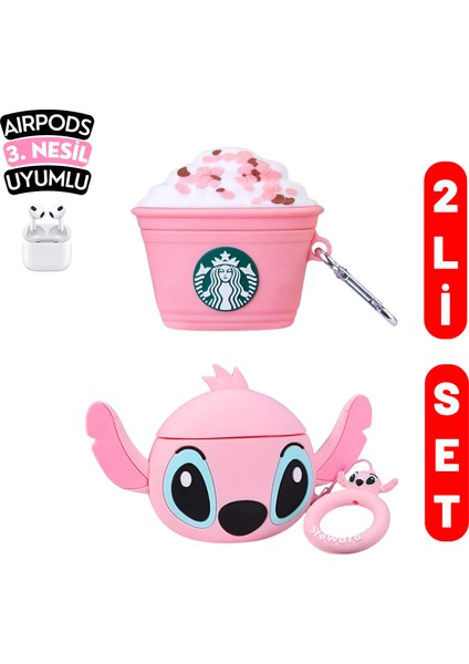 2'li Set - 3.nesil Uyumlu Pembe Starbucks ve Angel Figürlü Ikili Kulaklık Kılıfı Seti