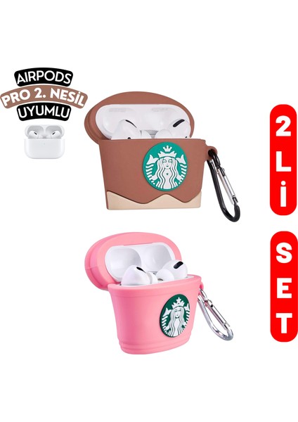 2'li Set - Pro 2. Nesil Uyumlu Kahverengi ve Pembe Starbucks Figürlü Ikili Kulaklık Kılıfı Seti