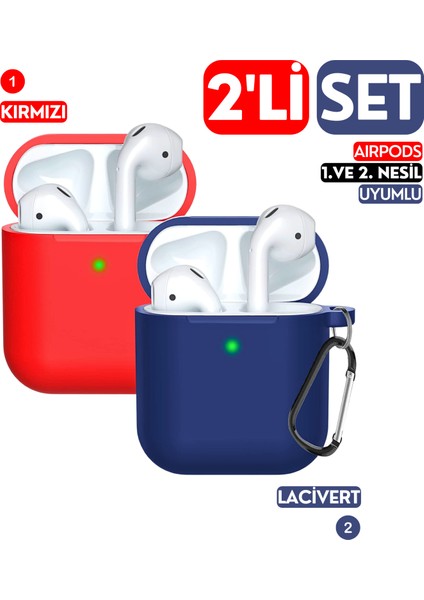 2'li Set - 1. ve 2. Nesil Uyumlu Kırmızı ve Lacivert Silikon Kulaklık Kılıfı Ikili Seti