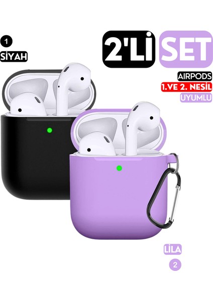 2'li Set - 1. ve 2. Nesil Uyumlu Siyah ve Lila Silikon Kulaklık Kılıfı Ikili Seti