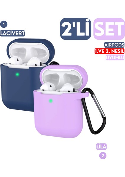 2'li Set - 1. ve 2. Nesil Uyumlu Lacivert ve Lila Silikon Kulaklık Kılıfı Ikili Seti