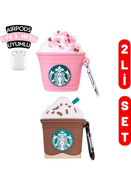 2'li Set - 1. ve 2. Nesil Pembe ve Kahverengi Starbucks Uyumlu Ikili Kulaklık Kılıfı Seti