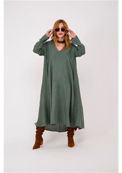 Italyan V Yaka Uzun Kol Keten Elbise