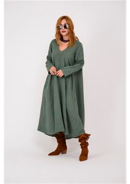 Italyan V Yaka Uzun Kol Keten Elbise fiyatları