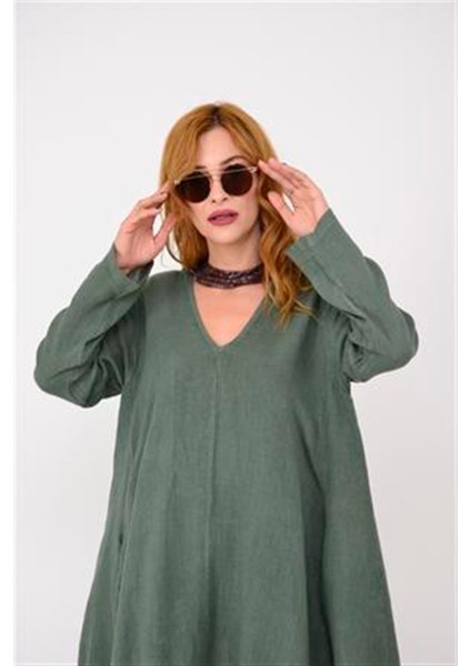 Italyan V Yaka Uzun Kol Keten Elbise modelleri