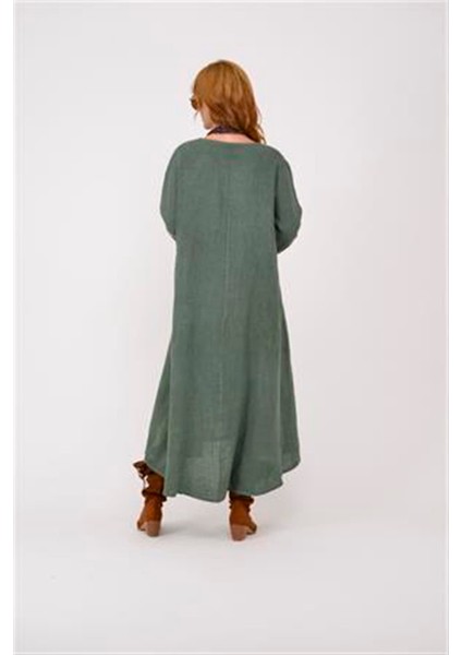 Italyan V Yaka Uzun Kol Keten Elbise fırsatları