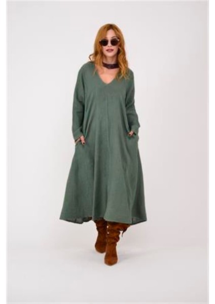 Italyan V Yaka Uzun Kol Keten Elbise indirimleri