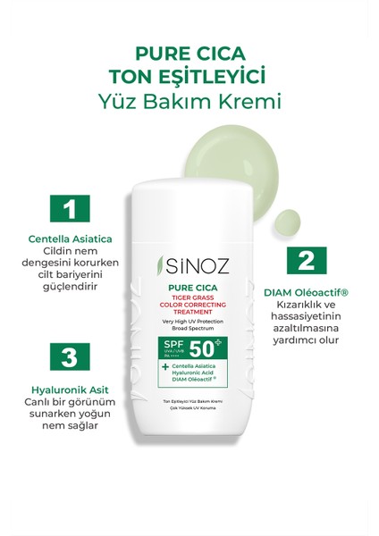 Pure Cica Anında Ton Eşitleyici Ve Onarıcı Yüz Bakım Kremi - Yeni Nesil Mineral Güneş Filtresi Spf50