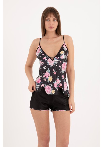 Çiçekli Siyah Askılı Kolsuz Saten Şortlu Pijama Takımı