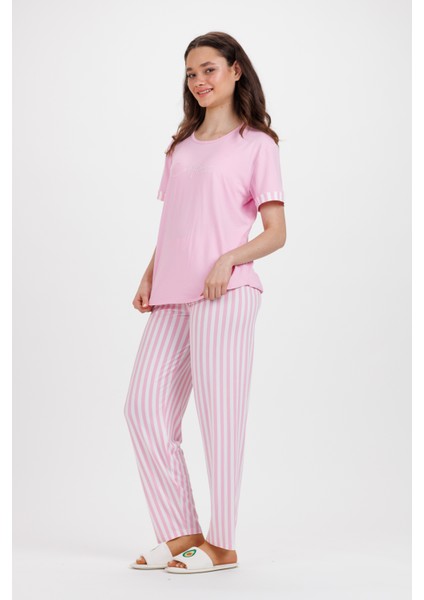 Kadın Pembe Ekru Çizgili Alt Pudra T.Shırt Baskılı 2Li Pijama Takım