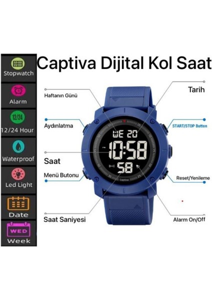 30 mt Suya Dayanıklı Digital Alarm-Kronometre-Led Işık Spor Kasa Çoçuk Kol Saati CPT.X016