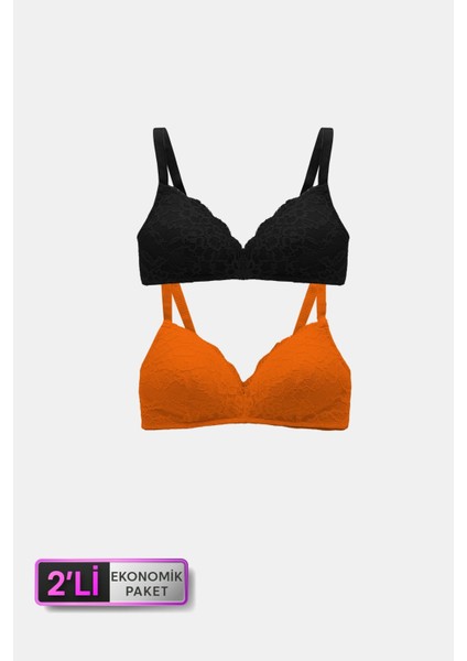 6817 2'li Ekonomik Paket Venedik Desteksiz Turuncu - Siyah Dantelli Sütyen Set