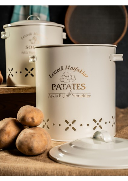 Metal Patates Soğan Kovası, Saklama Kabı Ikili Set-Silindir (Lezzetli Mutfaklar-Aşkla Pişen Yemekler)