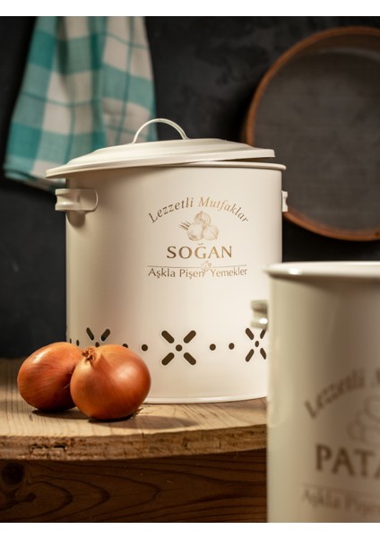 Metal Patates Soğan Kovası, Saklama Kabı Ikili Set-Silindir (Lezzetli Mutfaklar-Aşkla Pişen Yemekler) modelleri