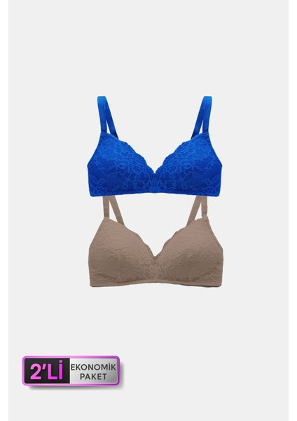 6817 2'li Ekonomik Paket Venedik Desteksiz Nude - Saks Mavi Dantelli Sütyen Set