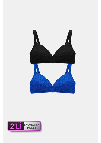 6817 2'li Ekonomik Paket Venedik Desteksiz Siyah - Saks Mavi Dantelli Sütyen Set