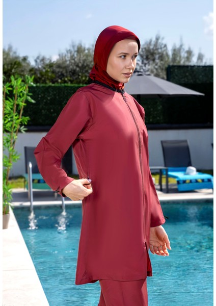 Bordo Renk Tam Kapalı Su Iticili Hızlı Kuruyan Yanlardan Ayarlanabilen Fermuarlı Tesettür Mayo fiyatları