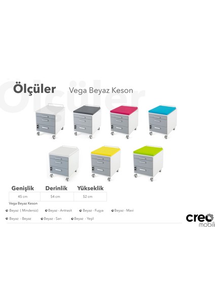 Creo Mobili Vega Tekerlekli Kilitli Çekmeceli Keson - Beyaz