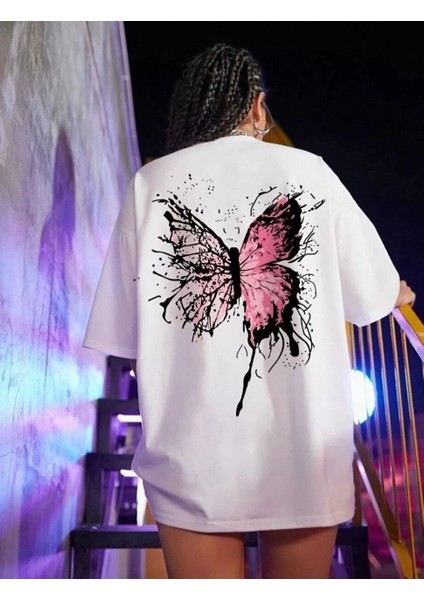Unisex Baskılı Oversize T-Shirt - Beyaz modelleri