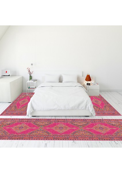 Dijital Baskılı Kaymaz Taban Yıkanabilir Klasik Desen Üçlü Yatak Odası Takımı, Klasik-06-Pembe,