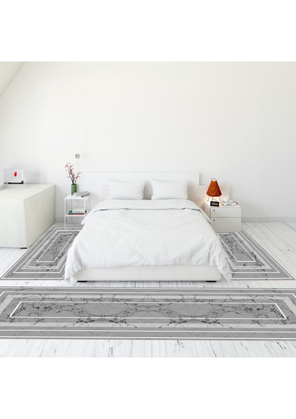 Dijital Baskılı Kaymaz Taban Yıkanabilir Mermer Desen Üçlü Yatak Odası Takımı, Mermer-16-Gri,