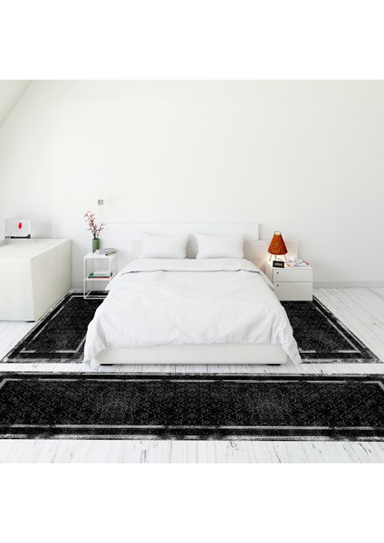Çerçeve Desen Dijital Baskılı Kaymaz Yıkanabilir Üçlü Yatak Odası Takımı, Çerçeveli-10-Siyah,