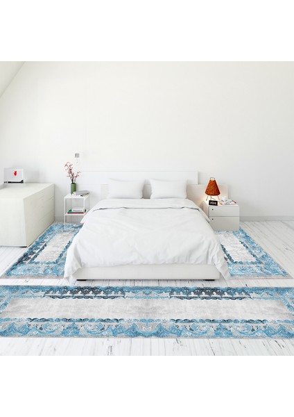 Dijital Baskılı Kaymaz Taban Yıkanabilir Klasik Desen Üçlü Yatak Odası Takımı, Klasik-08-Mavi,