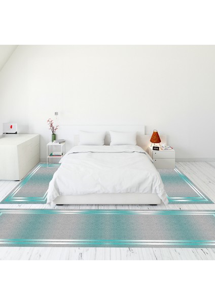 Çerçeve Desen Dijital Baskılı Kaymaz Yıkanabilir Üçlü Yatak Odası Takımı, Çerçeveli-39-Mavi,