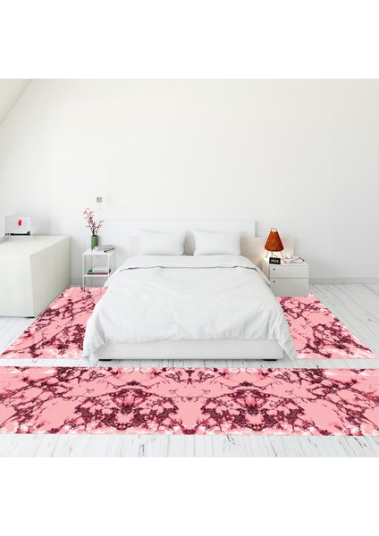 Dijital Baskılı Kaymaz Taban Yıkanabilir Mermer Desen Üçlü Yatak Odası Takımı, Mermer-30-Pembe,