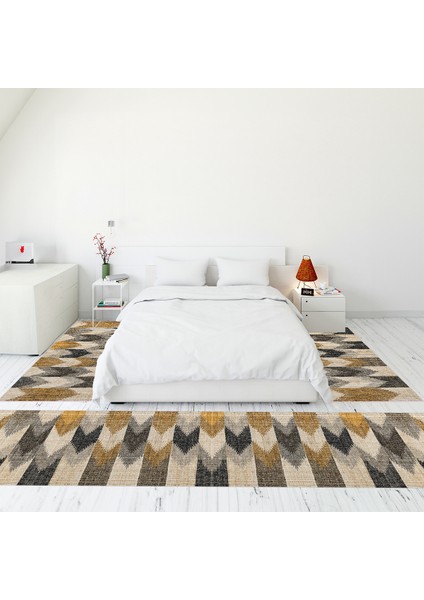 Modern Şık Dijital Baskılı Kaymaz Taban Yıkanabilir Üçlü Yatak Odası Takımı, MODERN-104-KAHVE,