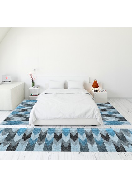 Modern Şık Dijital Baskılı Kaymaz Taban Yıkanabilir Üçlü Yatak Odası Takımı, MODERN-104-MAVİ,