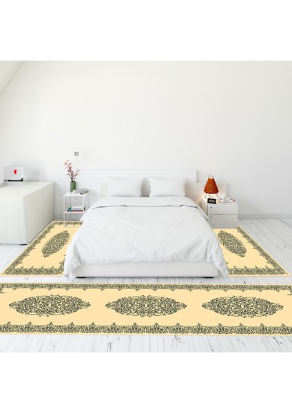 Çerçeve Desen Dijital Baskılı Kaymaz Yıkanabilir Üçlü Yatak Odası Takımı, Çerçeveli-22-Krem,