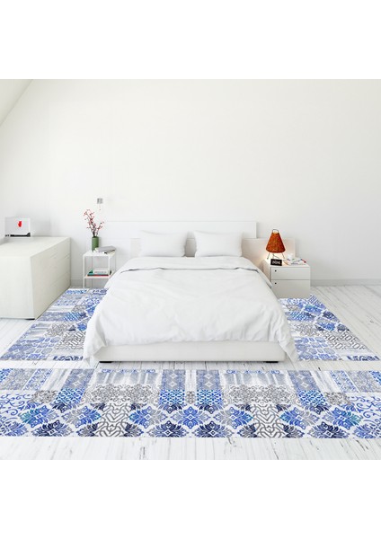 Dijital Baskılı Kaymaz Taban Yıkanabilir Patchwork Üçlü Yatak Odası Takımı, Patchwork-02-Mavi,